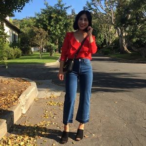 Cropped kick flare jeans with raw hem